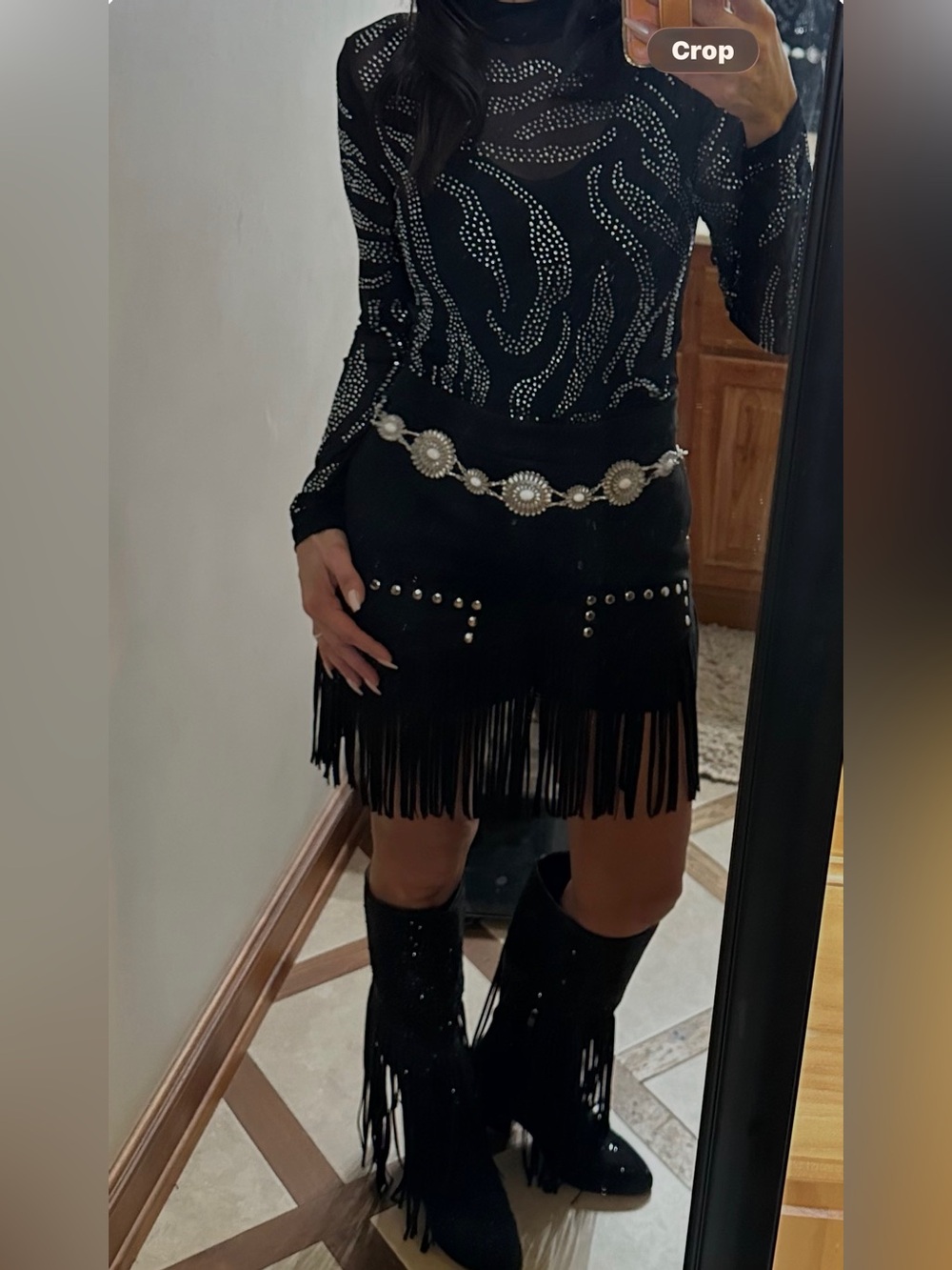 Western Fringe Hem Studded Mini Skirt